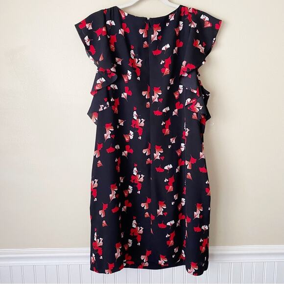 Banana Republic | Floral Shift Dress Flutter Sleeves Black Red Size 14 - Picture 6 of 7